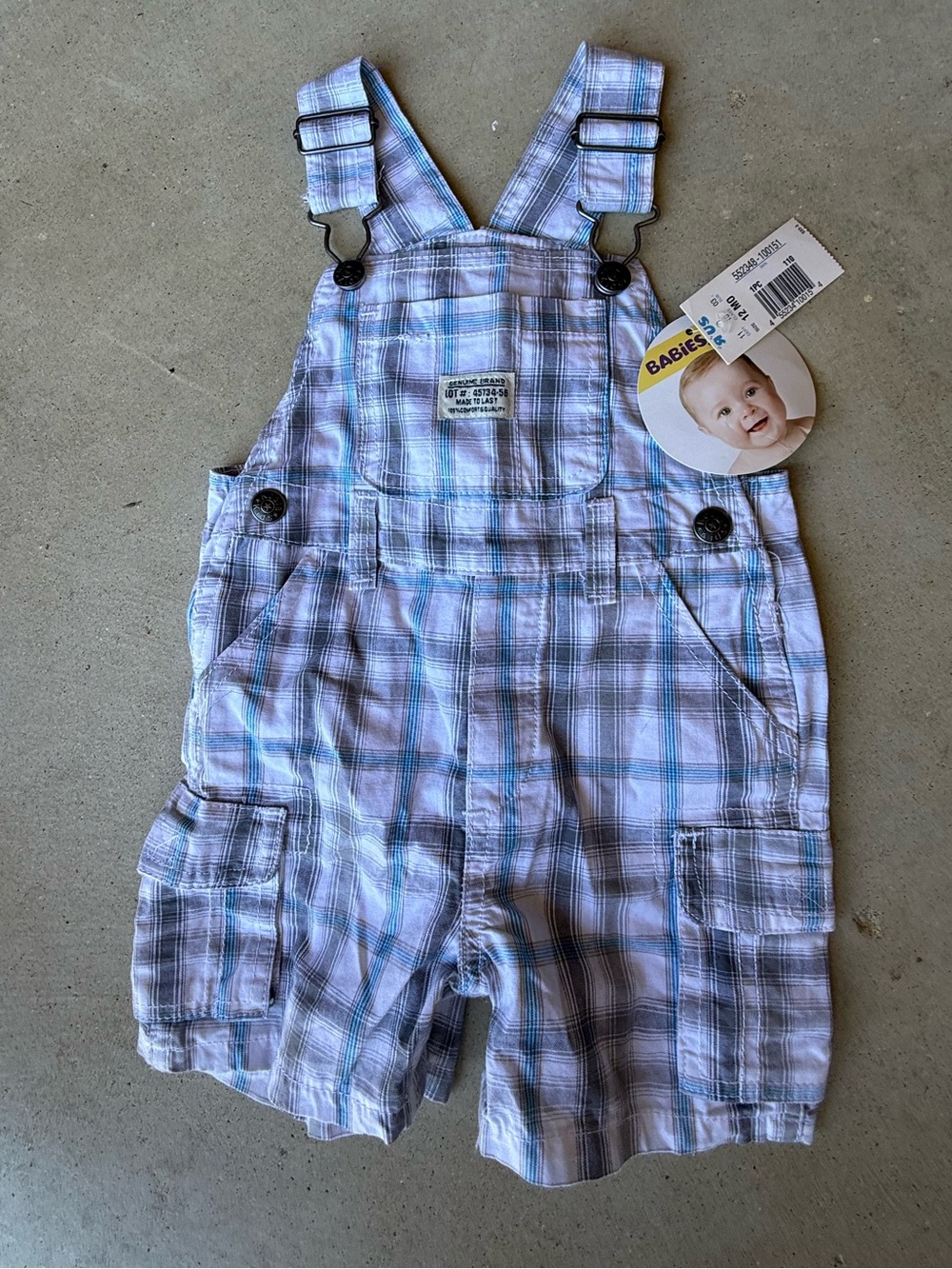 New Babies R Us boys overalls shorts plaid Cotton Snap-Crotch Size 12 Months